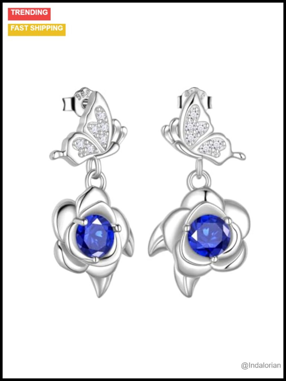 925 Sterling Silver Butterfly Rose Dangle Earrings with Birthstone - Picture 1 of 6